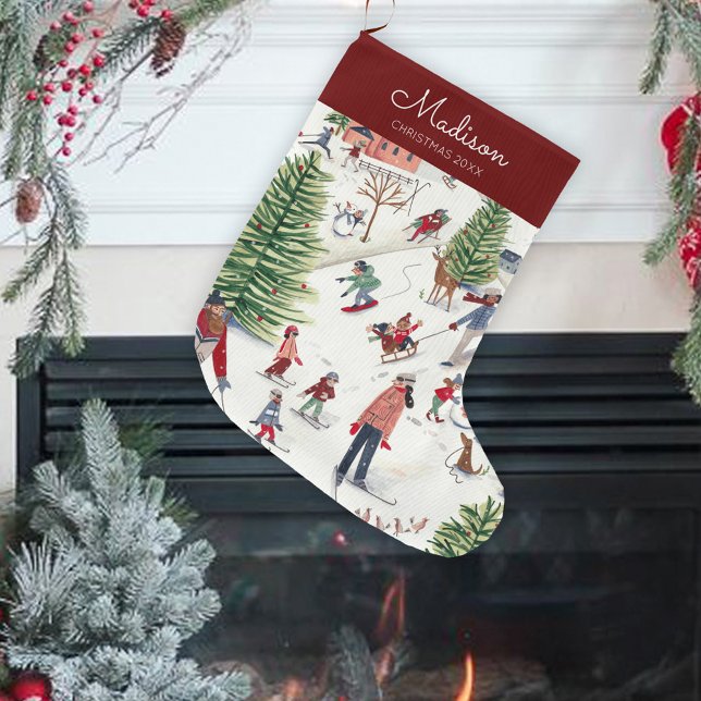 Cute Minimalistic Nordic Winter Village Christmas Large Christmas Stocking (Cute Minimalistic Nordic Winter Village Christmas Large Christmas Stocking)