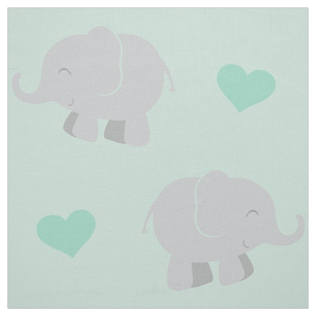 Cute Mint and Grey Elephants and Hearts Pattern Fabric (Swatch)