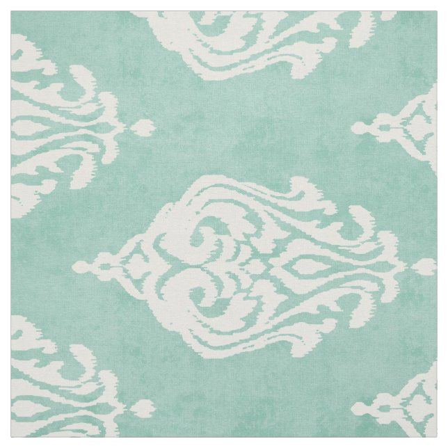 Cute mint and white damask ikat tribal patterns fabric (Swatch)