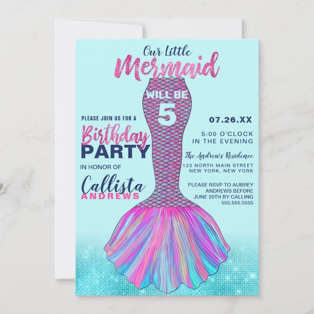 Cute Mint Blue Pink Mermaid Tail Glitter Birthday Invitation (Front)