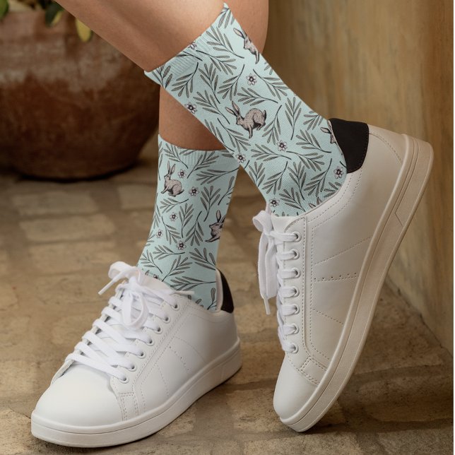 Cute Mint Bunny and Leaves Nature Socks (Cute Mint Bunnies and Leaves Nature Socks, Hand-Drawn in Black Ink for Easter, Animal Lovers, Spring)