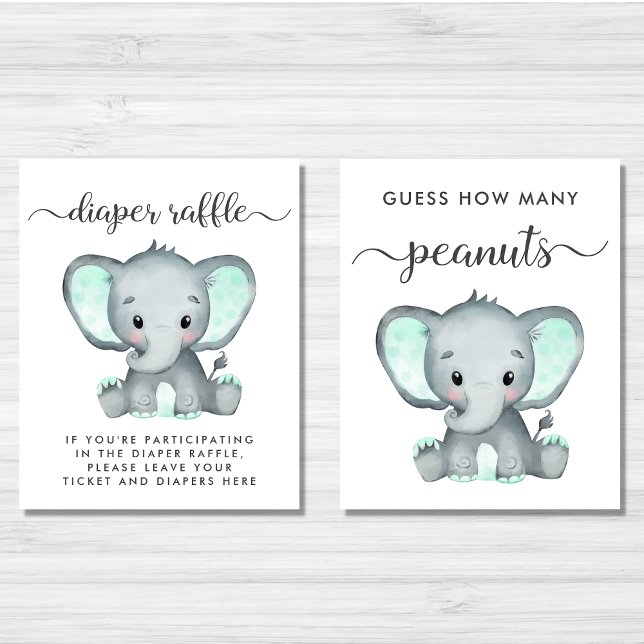 Cute Mint Elephant Baby Shower Games Poster Set (Creator Uploaded)
