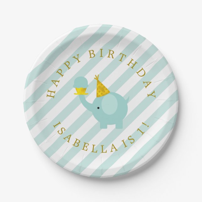 Cute Mint Elephant Personalised Birthday Party Paper Plate (Front)