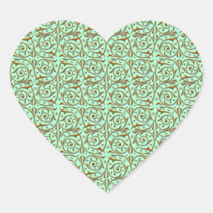 Cute Mint Green and Gold Swirly Vines Pattern Heart Sticker