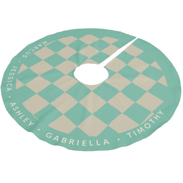 Cute Mint Green Chequerboard Personalised Names Brushed Polyester Tree Skirt (Angled)