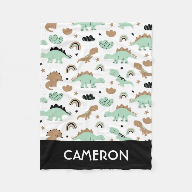 Cute Mint Green Dinosaur Pattern Fleece Blanket (Front)