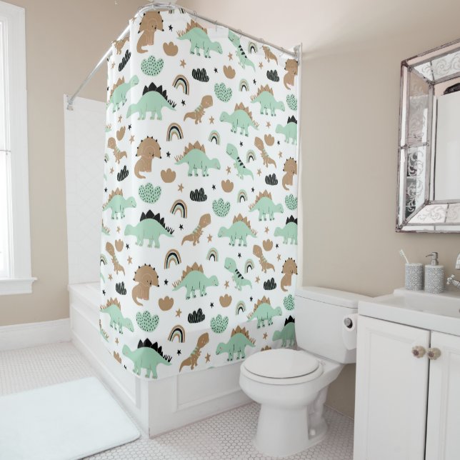 Cute Mint Green Dinosaur Pattern Shower Curtain (In Situ)