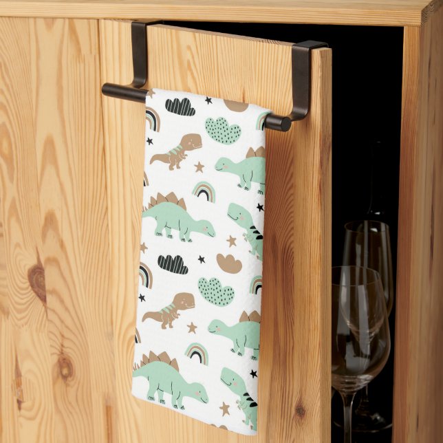 Cute Mint Green Dinosaur Pattern Tea Towel (Thirds Fold)