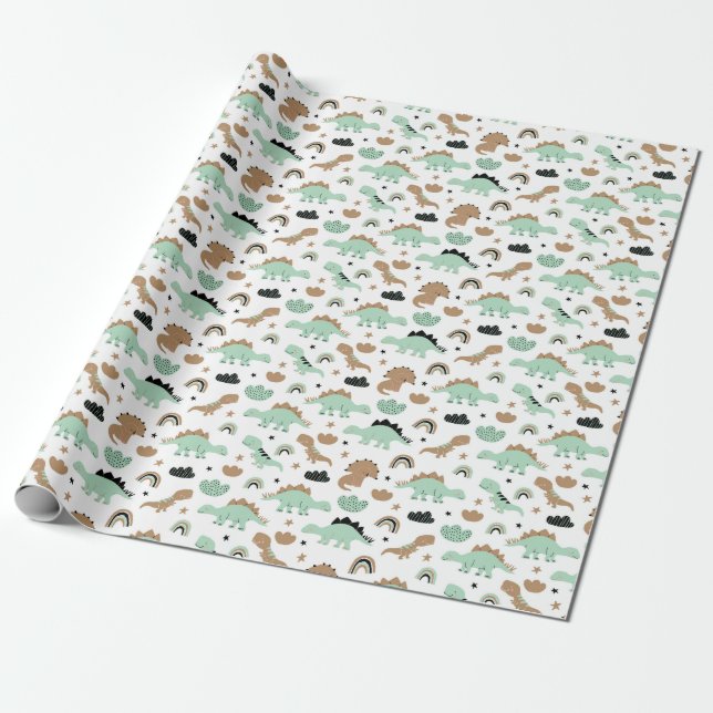 Cute Mint Green Dinosaur Pattern Wrapping Paper (Unrolled)