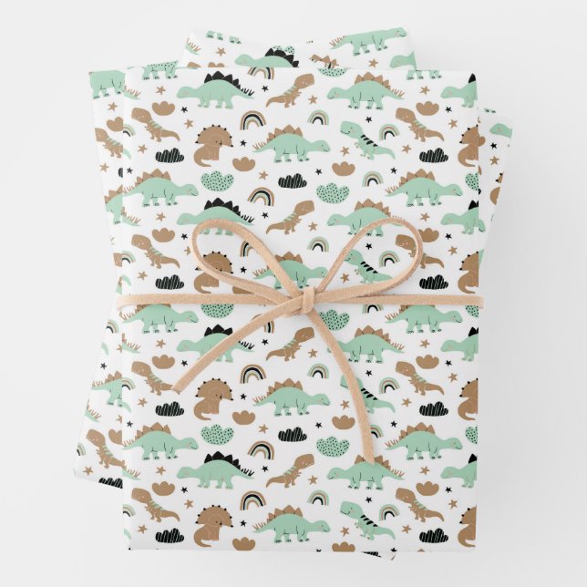 Cute Mint Green Dinosaur Pattern Wrapping Paper Sheet (In situ)