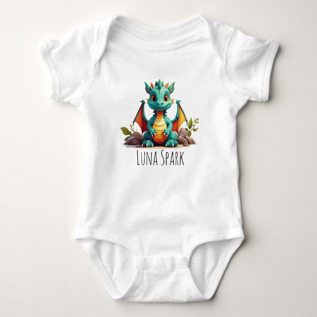 Cute Mint Green Dragon Vibes Fantasy Personalised  Baby Bodysuit (Front)