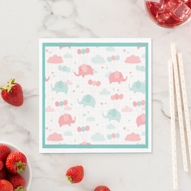 Cute Mint Green Elephant Boy Girl Baby Shower Napkin (Insitu)