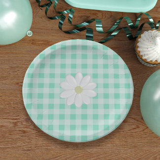 Cute Mint Green Gingham Check Daisy Paper Plates