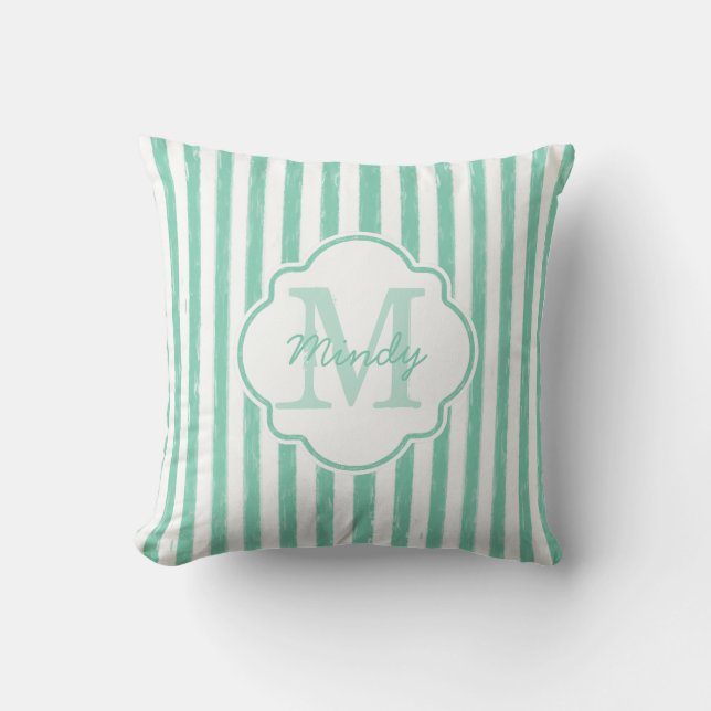 Cute Mint Green Painted Stripes Monogram and Name Cushion (Front)