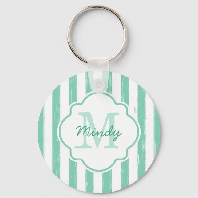 Cute Mint Green Painted Stripes Monogram and Name Key Ring (Front)