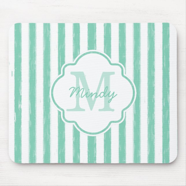 Cute Mint Green Painted Stripes Monogram and Name Mouse Pad (Front)