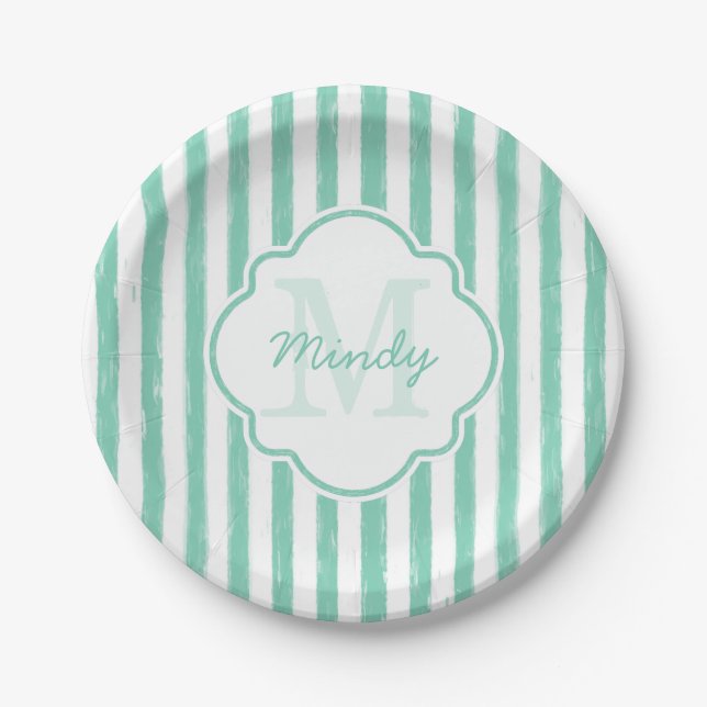 Cute Mint Green Painted Stripes Monogram and Name Paper Plate (Front)