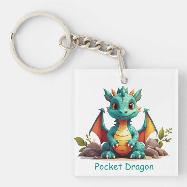 Cute Mint Green Pocket Dragon Fantasy Keychain (Front)
