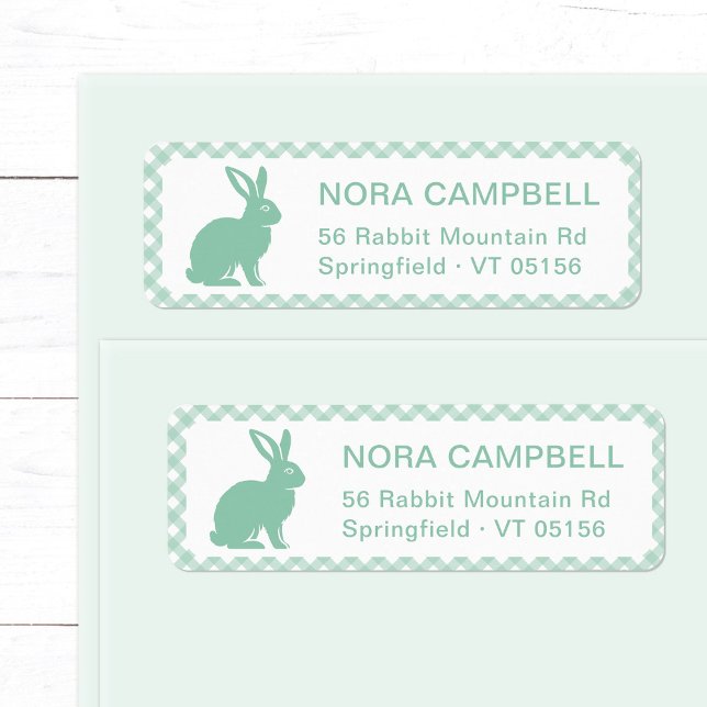 Cute Mint Green Rabbit Gingham Return Address Label (Modern, cute mint green bunny return address label with classic gingham checks background.)