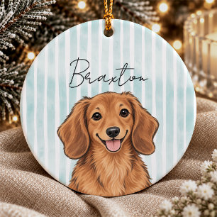 Cute Mint Green Striped Dachshund Dog Pattern Ceramic Ornament