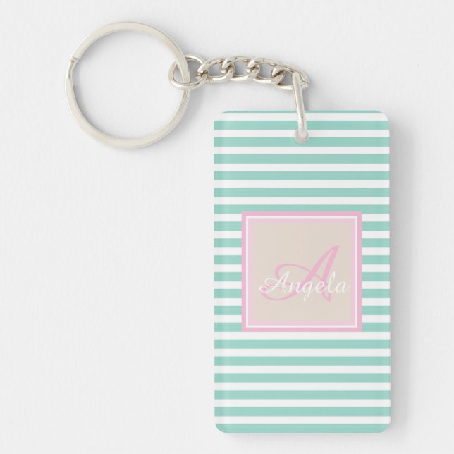 Cute Mint Green Stripes,Monogram-Personalised Key Ring (Front)