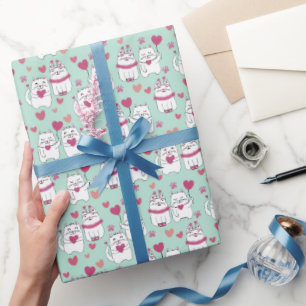 Cute Mint Green Valentine's Day Cat Wrapping Paper