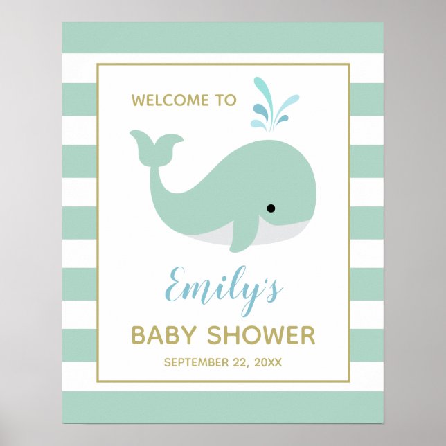 Cute Mint Green Whale Baby Shower Welcome Sign (Front)