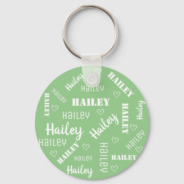 Cute Mint Green Word Art Cloud Hearts Name Custom Key Ring (Front)