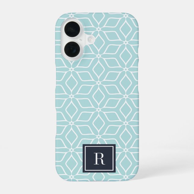 Cute Mint & Navy Geometric Pattern Monogram iPhone 16 Case (Back)