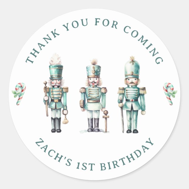 Cute Mint Nutcracker 1st Birthday Thank You  Classic Round Sticker (Front)