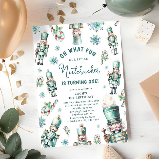 Cute Mint Nutcracker Oh What Fun 1st Birthday Invitation (Creator Uploaded)