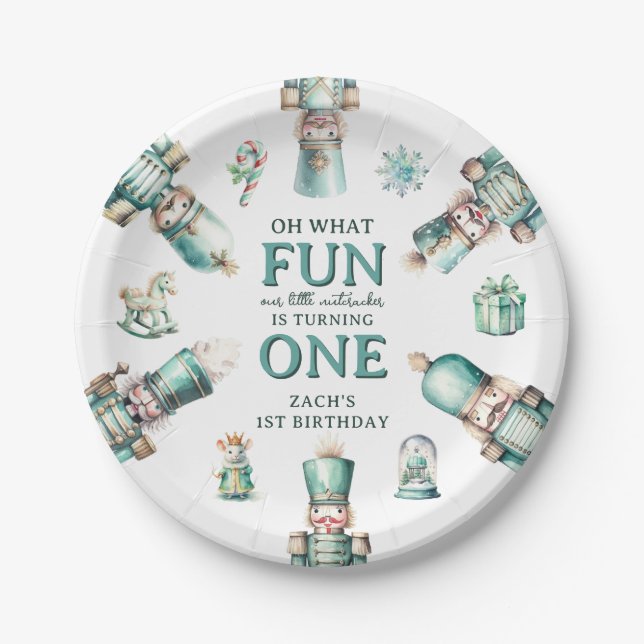 Cute Mint Nutcracker Oh What Fun 1st Birthday Paper Plate (Front)