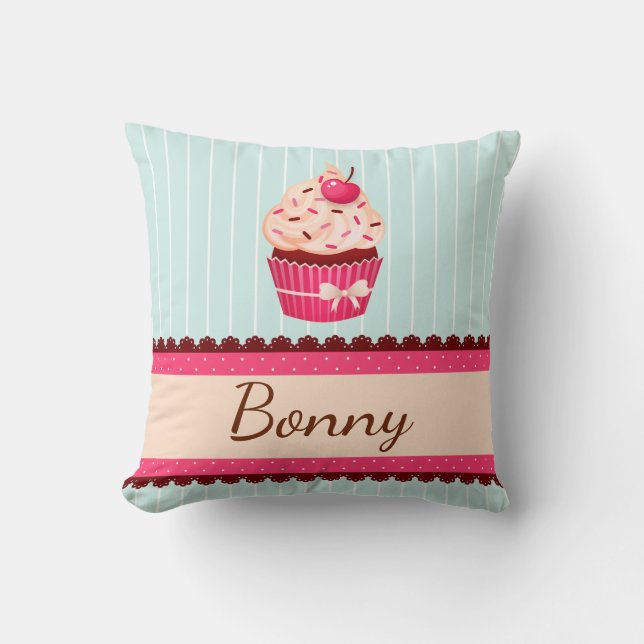 Cute Mint Pink Cupcake With Sprinkles Custom Name Cushion (Front)