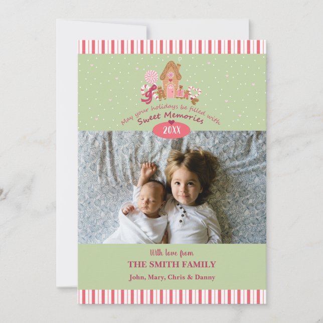 Cute Mint Pink Gingerbread Candy Canes Photo Card (Front)