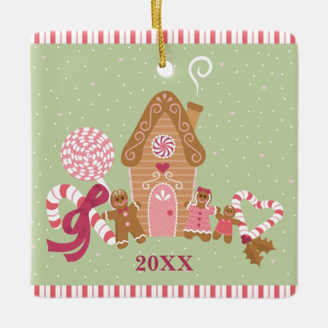 Cute Mint Pink Gingerbread Candy Square Ornament (Front)