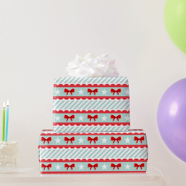 Cute Mint Red Bows Stars Striped Christmas Pattern Wrapping Paper (Party Gifts)