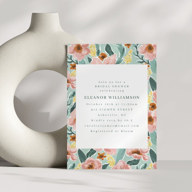 Cute Mint Sage Blush Pink Floral Bridal Shower Invitation (Creator Uploaded)