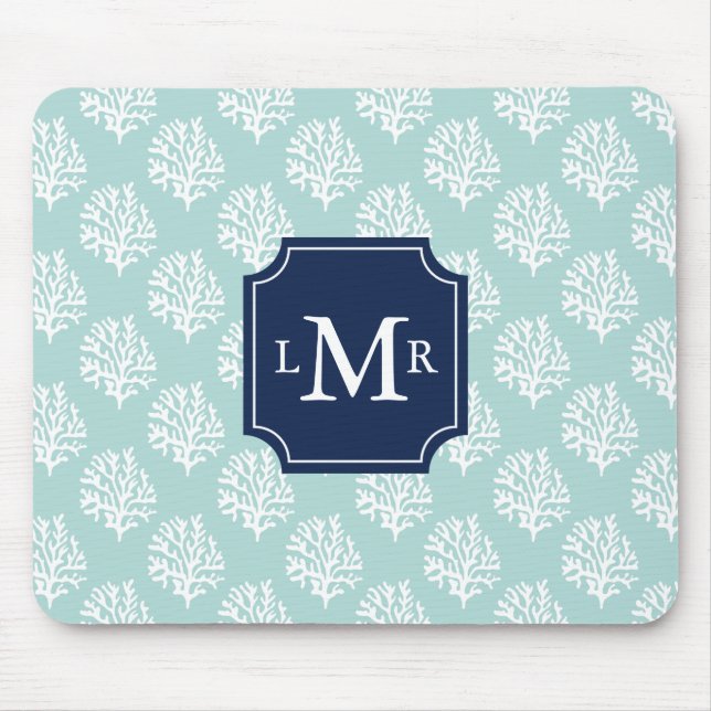 Cute Mint Summer Pattern and Blue Monogram Mouse Pad (Front)