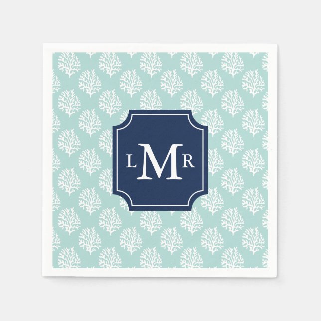 Cute Mint Summer Pattern and Blue Monogram Napkin (Front)