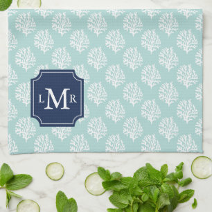 Cute Mint Summer Pattern and Blue Monogram Tea Towel