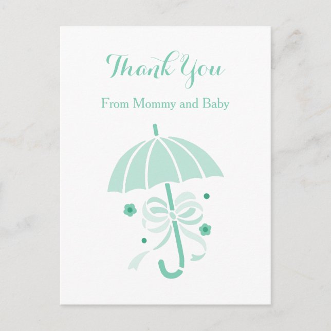 Cute Mint Umbrella and Bow Baby Shower Thank You Announcement Postcard (Front)