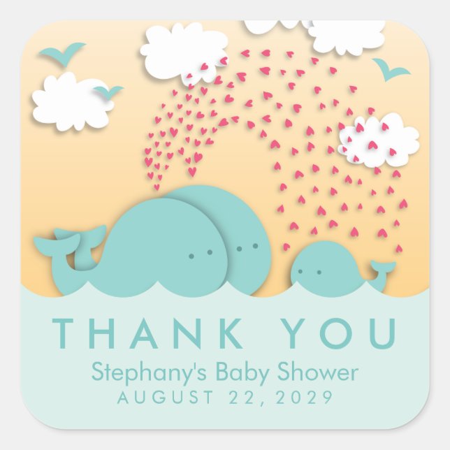 Cute Mint Whales Stylish Baby Thank You Stickers (Front)