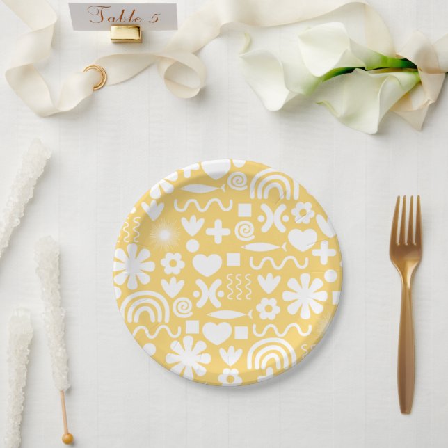 Cute Miscellany Pattern in Light Yellow and White Paper Plate (Wedding)