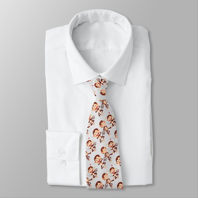 Cute Mischevious Monkeys Fun Brown Beige Tie (Tied)