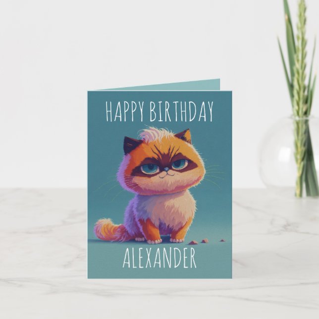 Cute mischievous cat folded birthday card (Front)