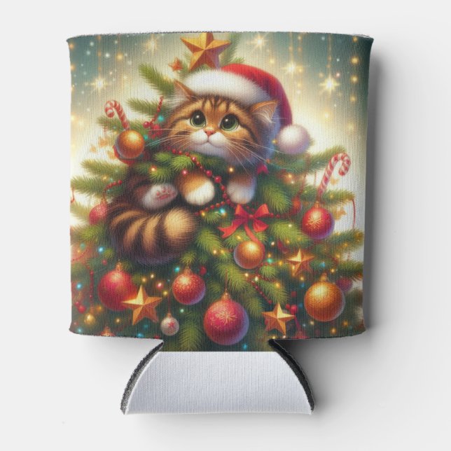 Cute, mischievous cat in the Christmas tree Can Cooler (Front)