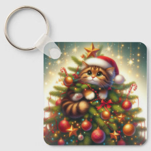 Cute, mischievous cat in the Christmas tree Key Ring