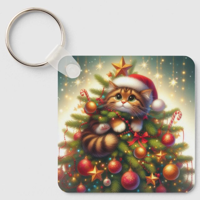 Cute, mischievous cat in the Christmas tree Key Ring (Front)