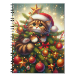 Cute, mischievous cat in the Christmas tree Notebook