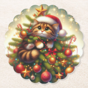 Cute, mischievous cat in the Christmas tree Paper Coaster